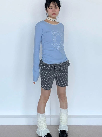 Spring Gray Polka Dot Lace Shorts For Girls