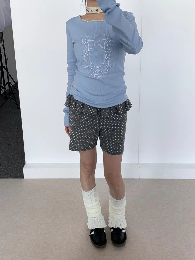 Spring Gray Polka Dot Lace Shorts For Girls