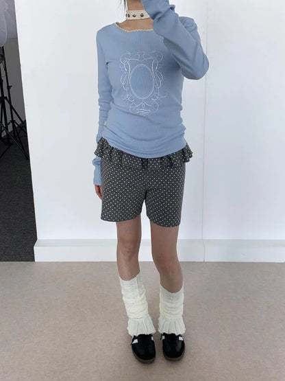 Spring Gray Polka Dot Lace Shorts For Girls