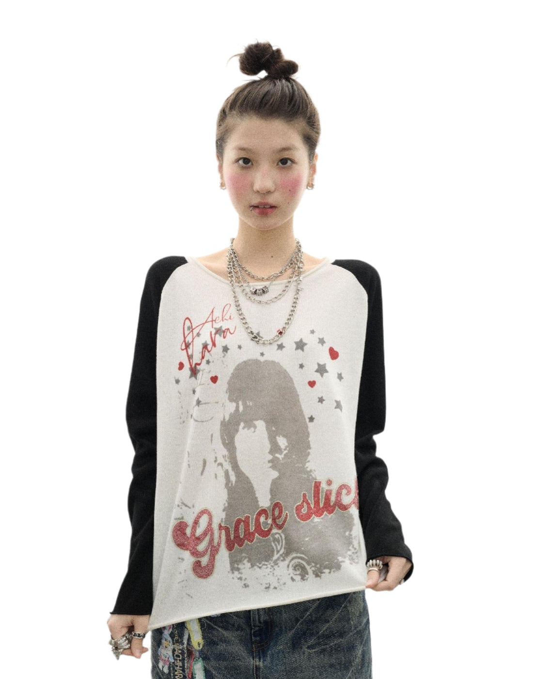 Spring Jefferson Print Rhinestone Patchwork Knit Long Sleeve T-shirt 