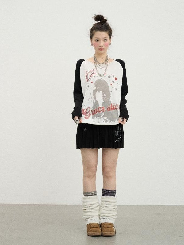 Spring Jefferson Print Rhinestone Patchwork Knit Long Sleeve T-shirt 