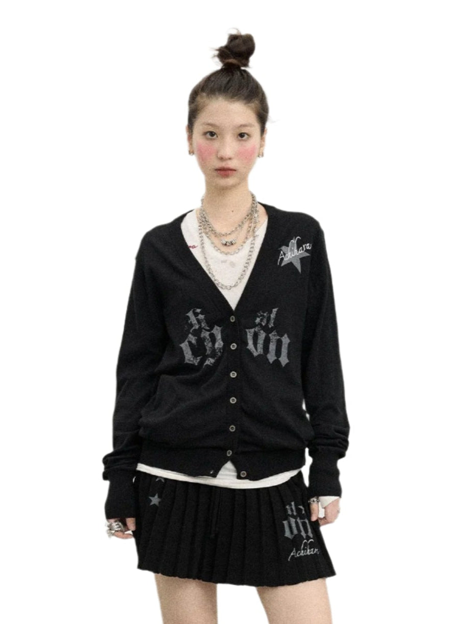 Spring Kissme Embroidered Cardigan Sweater in Gray Yellow Black
