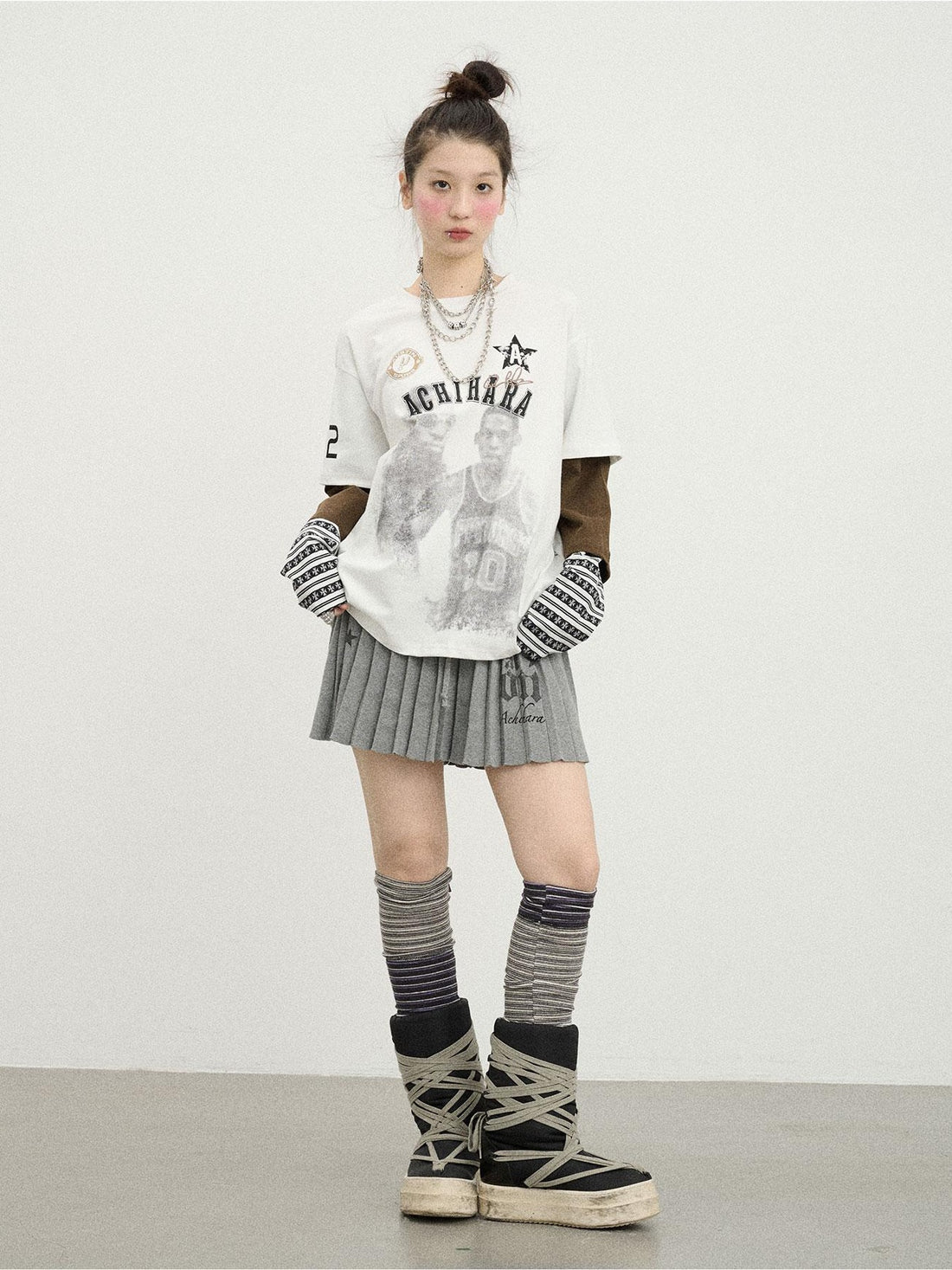 Spring Loose Fit Graphic Embroidery Multi Layer Cuff Long Sleeve T-shirt 