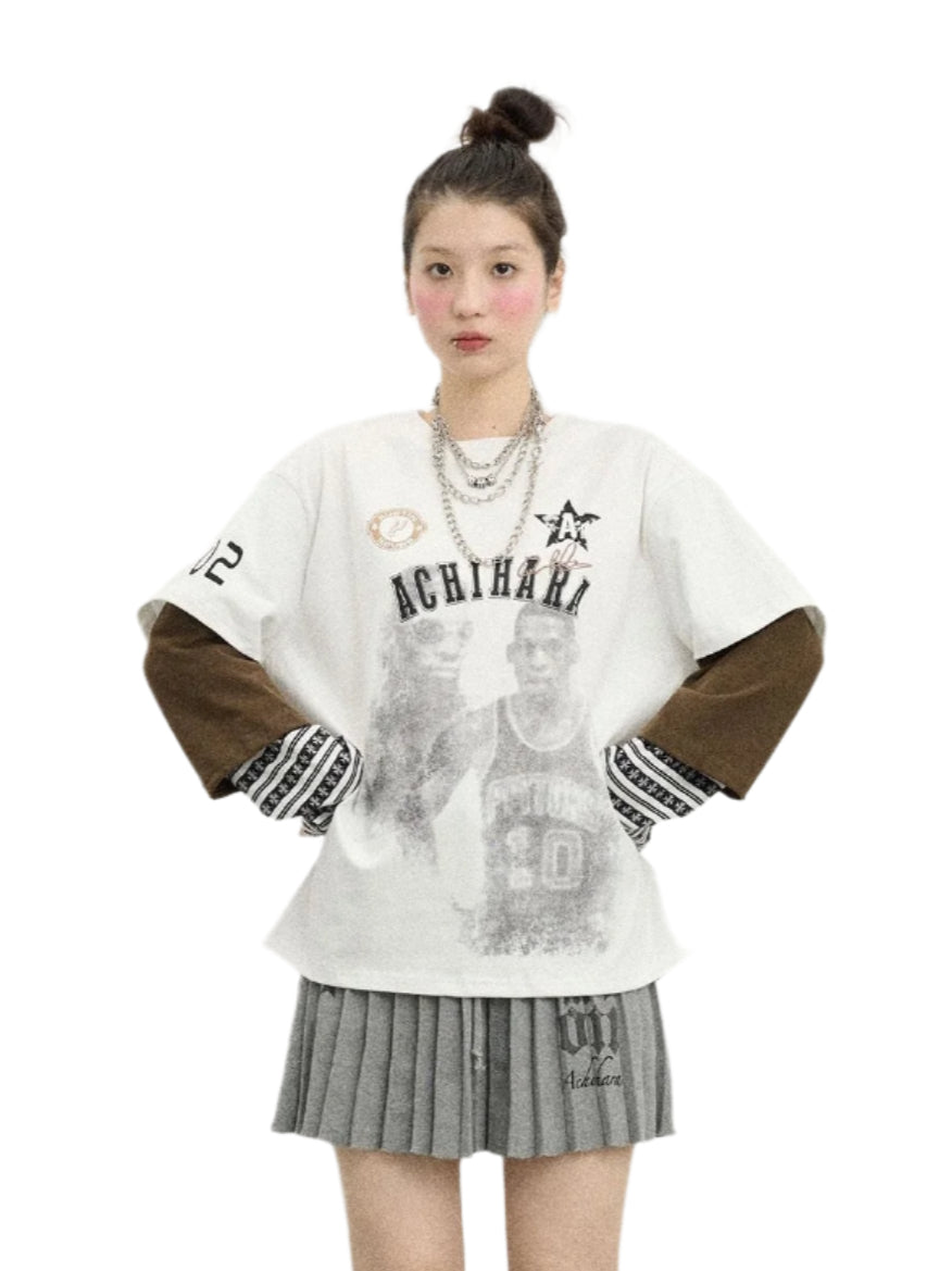Spring Loose Fit Graphic Embroidery Multi Layer Cuff Long Sleeve T-shirt 