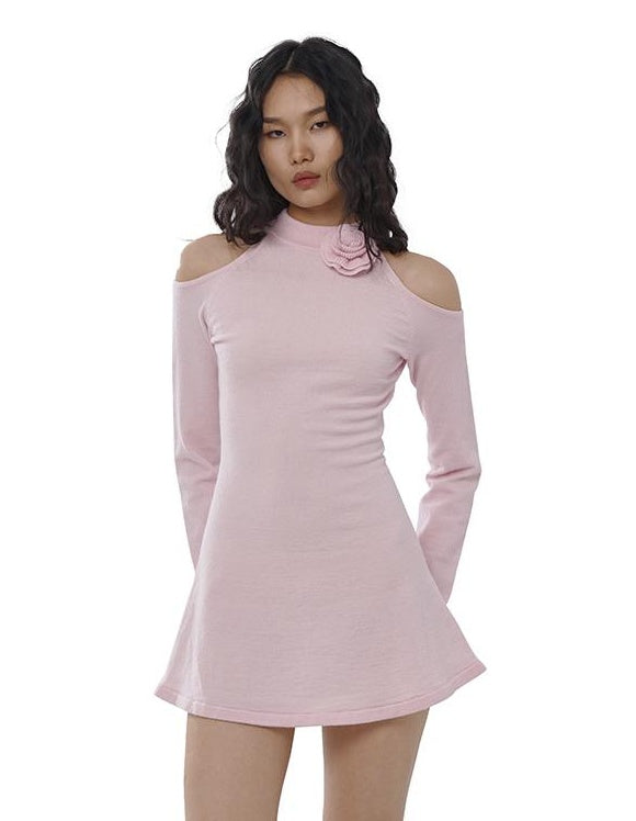 Spring Off Shoulder Floral Belted Alpaca Blend Knit Dress