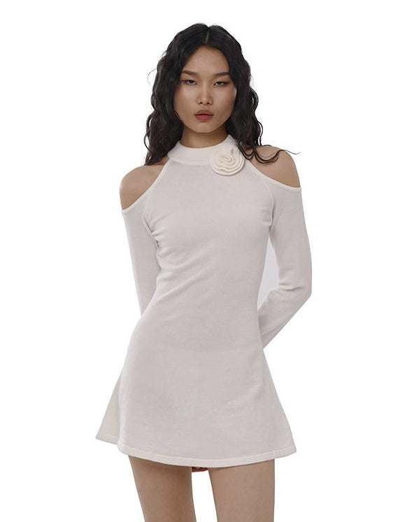 Spring Off Shoulder Floral Belted Alpaca Blend Knit Dress