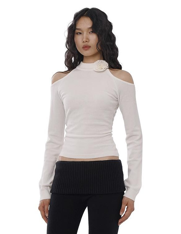 Spring Off Shoulder Floral Belted Alpaca Blend Sweater Capri Pants