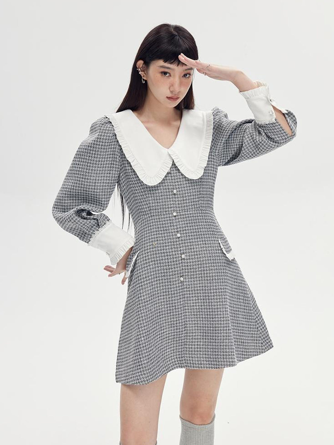 DIDDI MODA Spring Princess Puff Sleeve Pearl Button Flared Dress