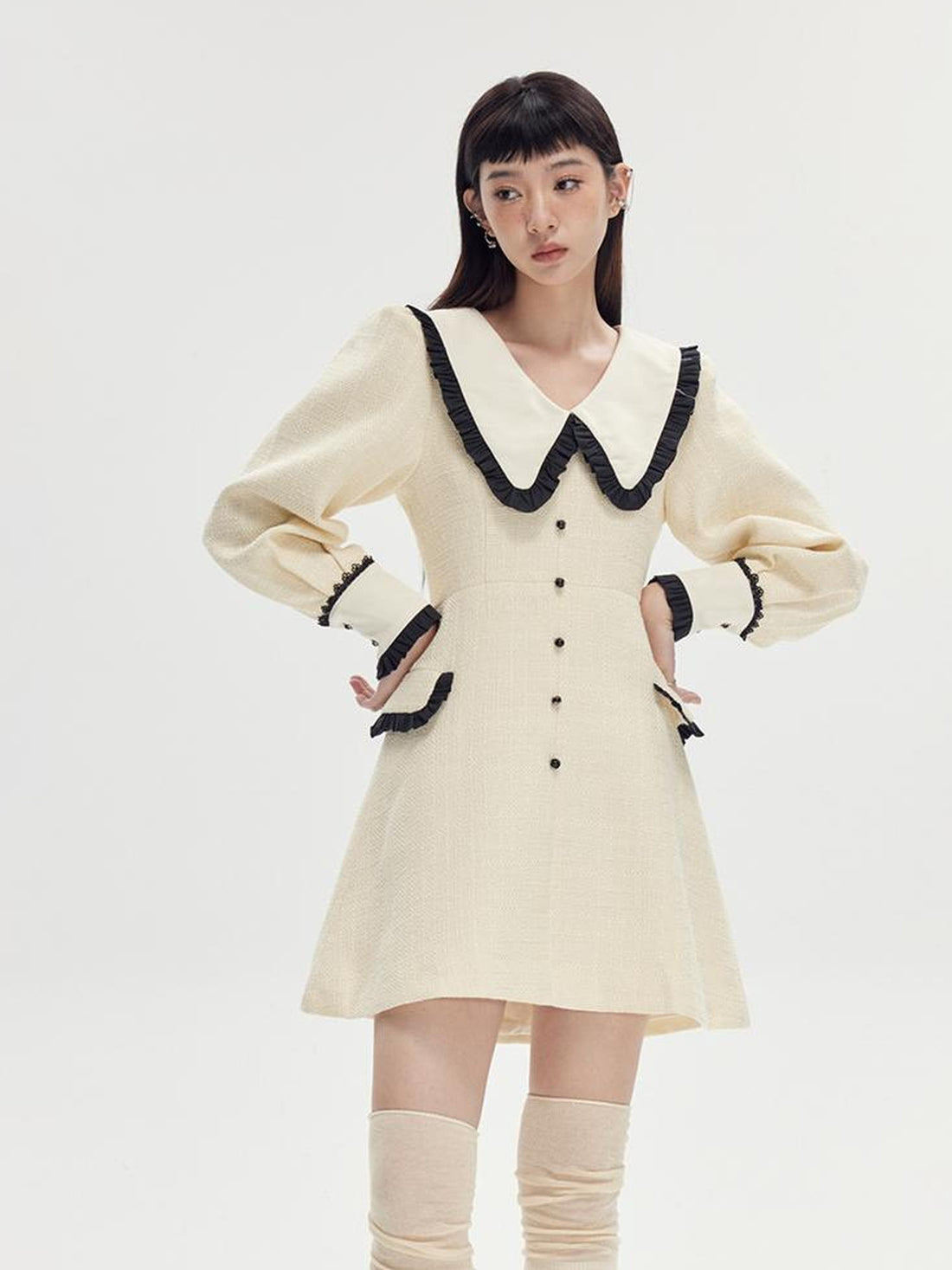 DIDDI MODA Spring Princess Puff Sleeve Pearl Button Flared Dress