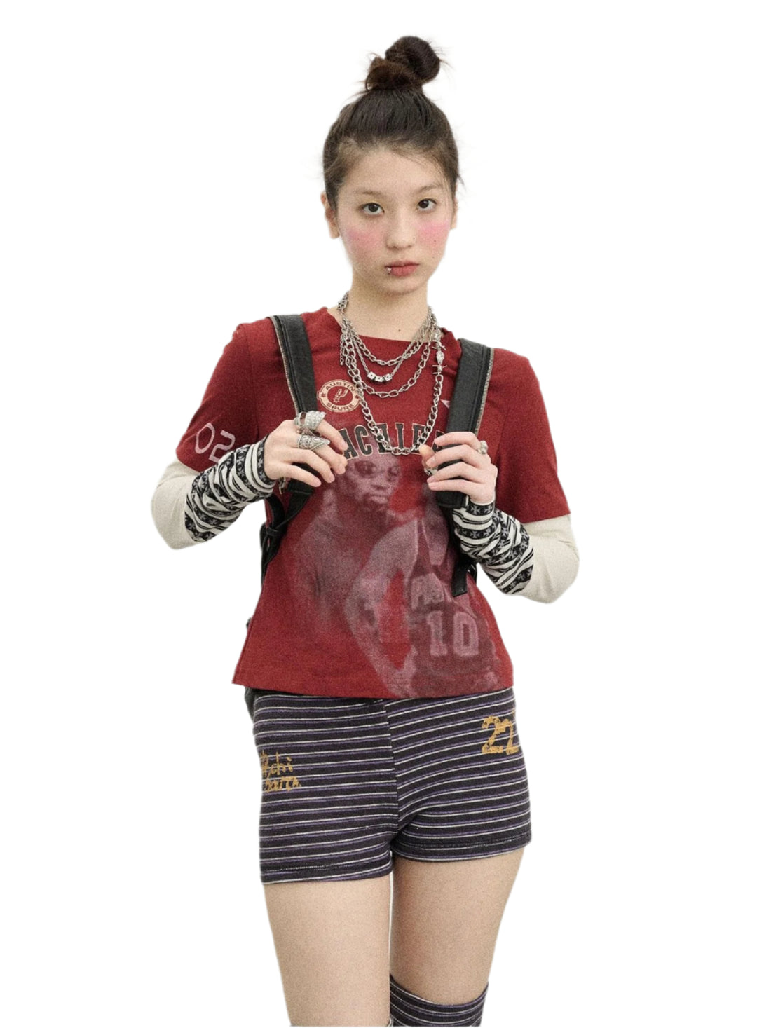 Spring Slim Fit Star Print Embroidered Layered Cuff Long Sleeve Tee