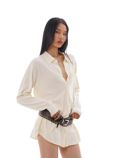 Spring Soft Knit Shirt Dress With Shorts Dresses