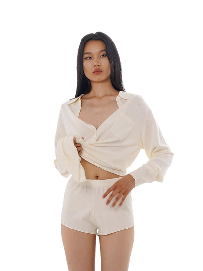 Spring Soft Knit Shirt Dress With Shorts Dresses