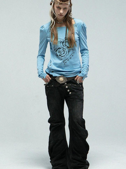 Spring Summer Square Neck Ballet T-shirt with Puff Sleeves