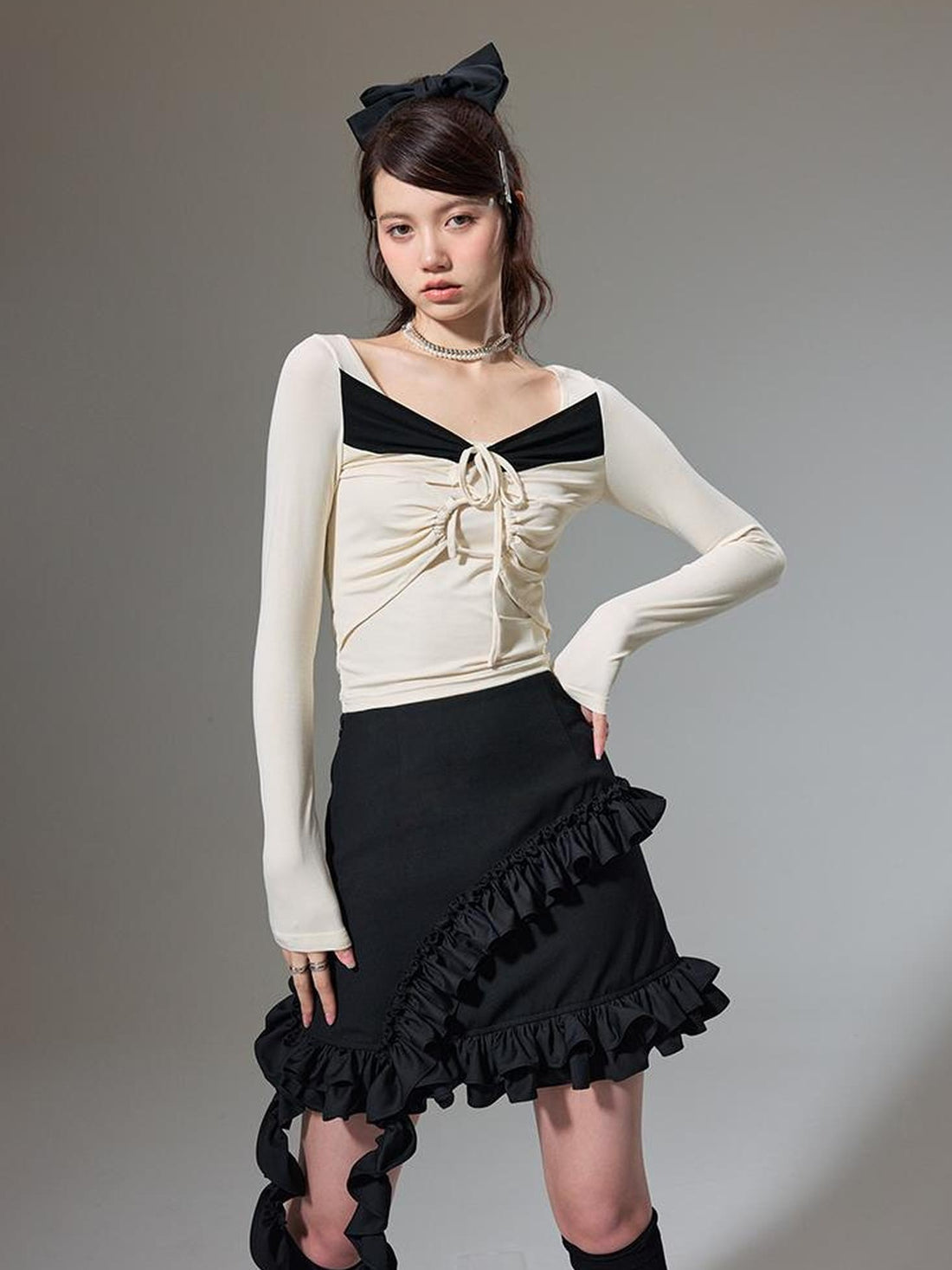 DIDDI MODA Square Neck Spliced Rib Knit Top With Drawstring