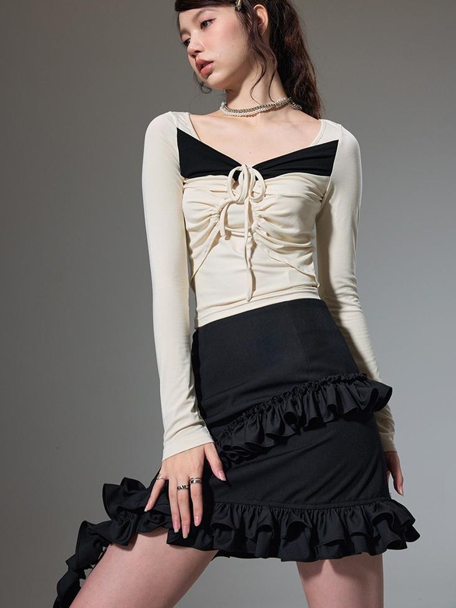 DIDDI MODA Square Neck Spliced Rib Knit Top With Drawstring