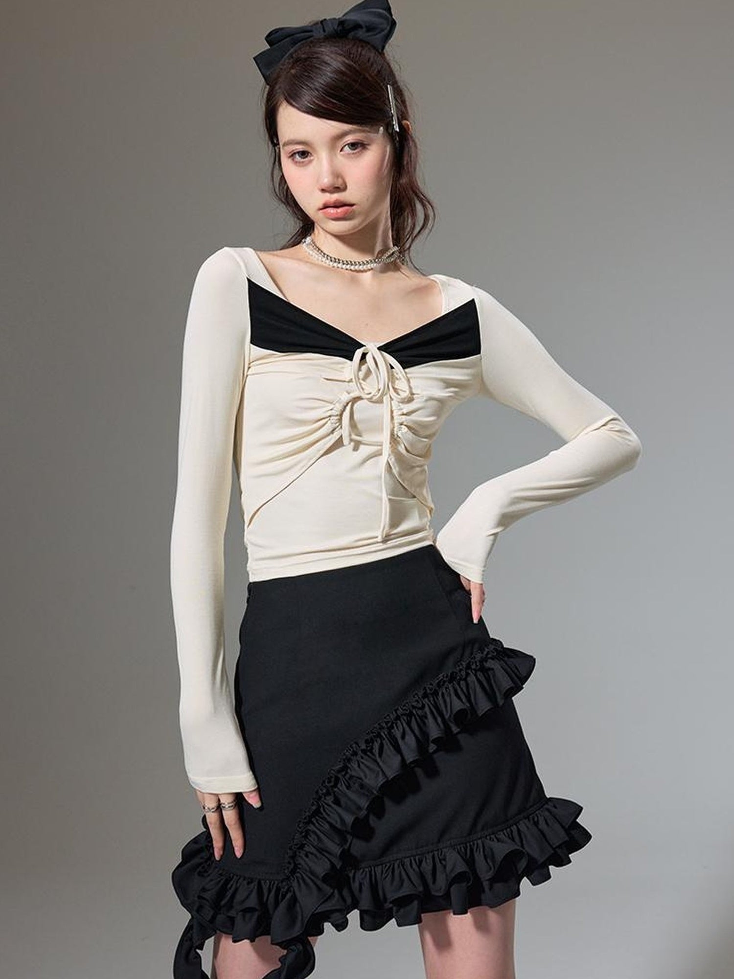 DIDDI MODA Square Neck Spliced Rib Knit Top With Drawstring