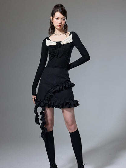 DIDDI MODA Square Neck Spliced Rib Knit Top With Drawstring
