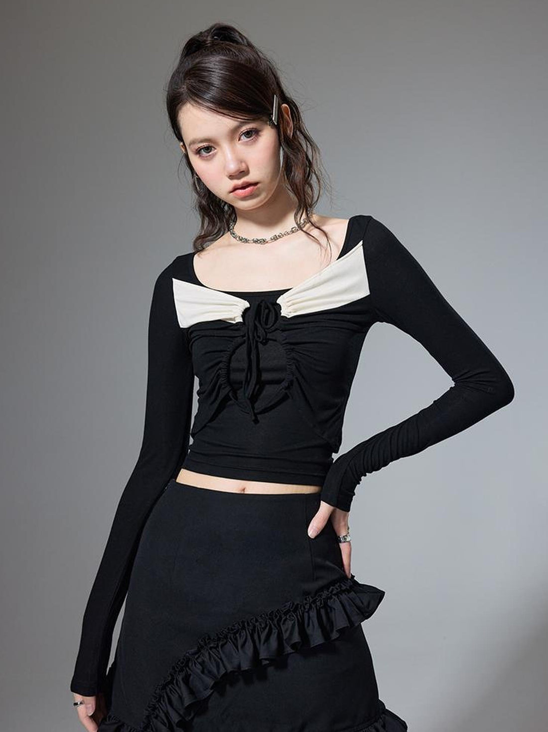 DIDDI MODA Square Neck Spliced Rib Knit Top With Drawstring