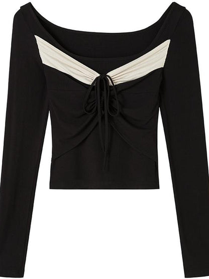 DIDDI MODA Square Neck Spliced Rib Knit Top With Drawstring