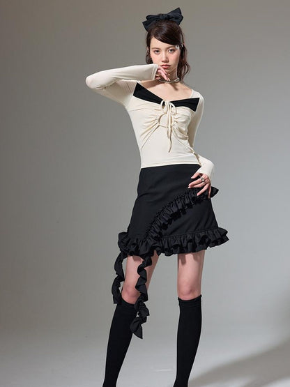 DIDDI MODA Square Neck Spliced Rib Knit Top With Drawstring