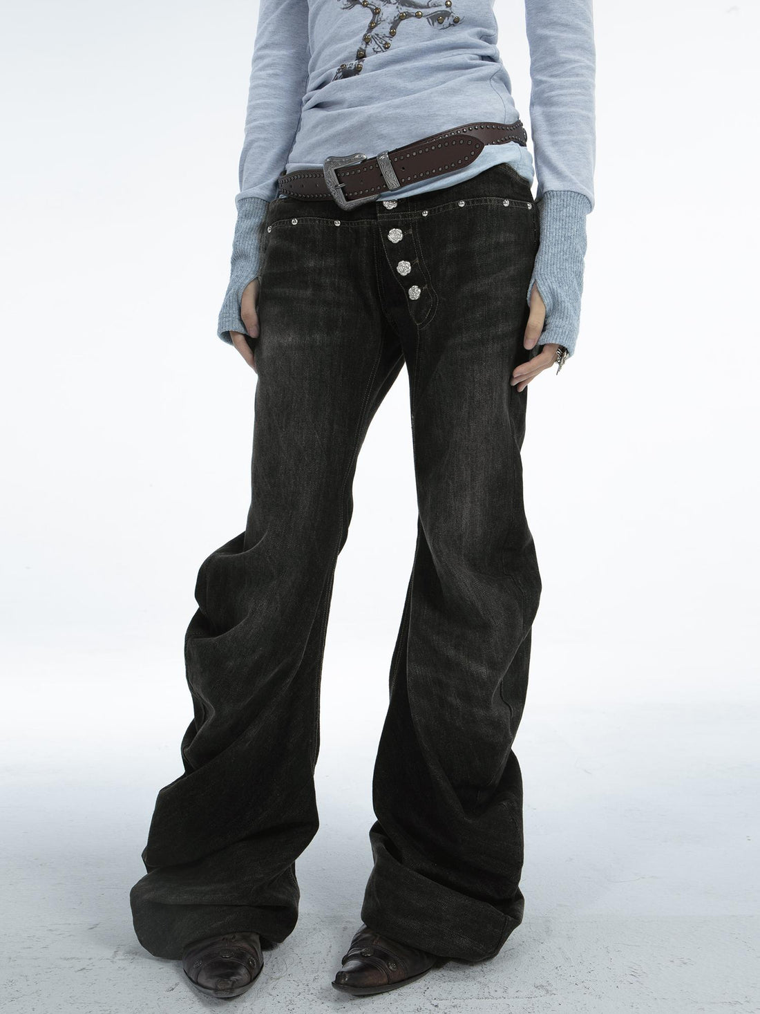Stacked Flared Pants for Women Black Grey Denim Stretch Jeans