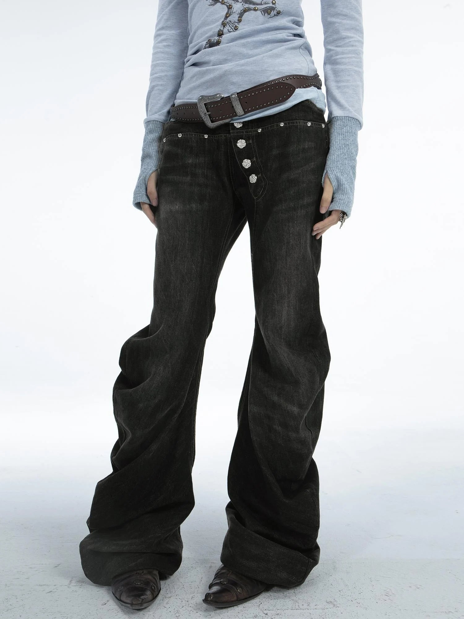 Stacked Flared Pants For Women Black Grey Denim Stretch Jeans