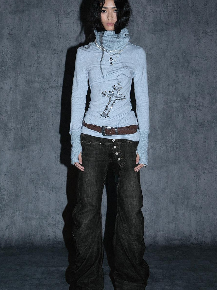 Stacked Flared Pants for Women Black Grey Denim Stretch Jeans