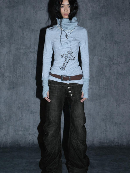 Stacked Flared Pants for Women Black Grey Denim Stretch Jeans