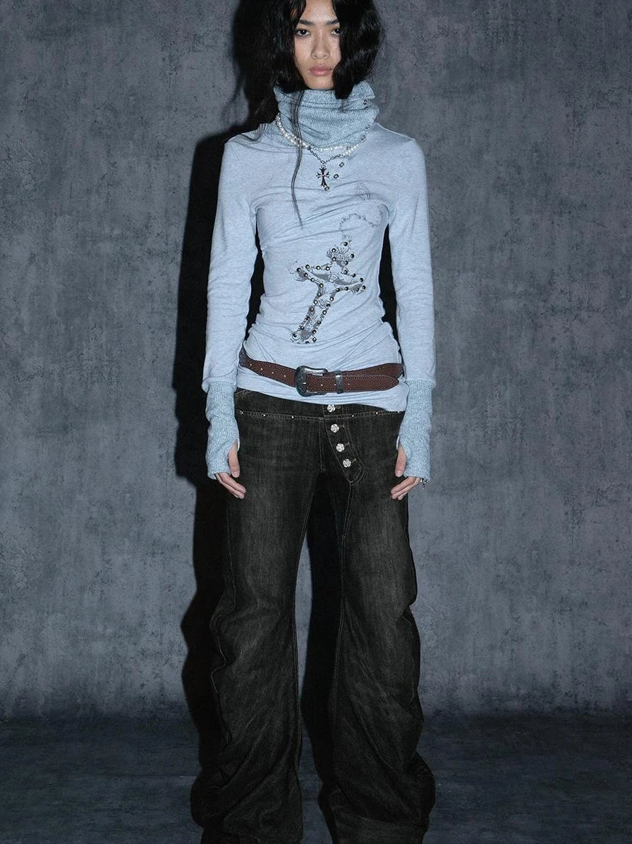 Stacked Flared Pants For Women Black Grey Denim Stretch Jeans