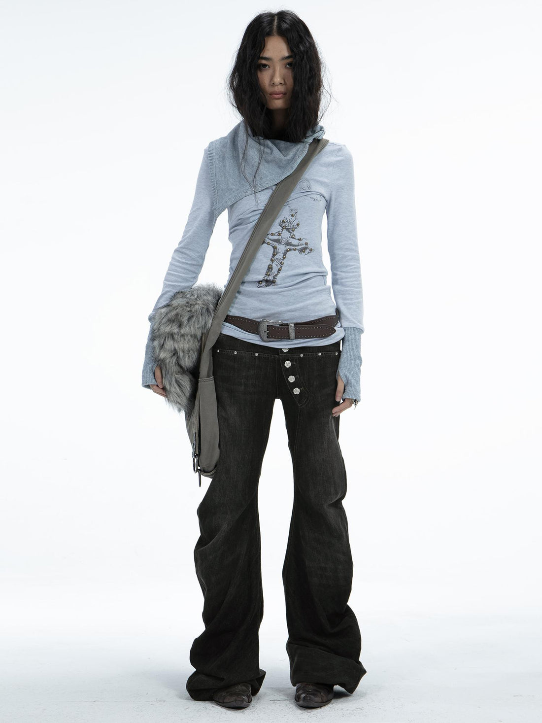 Stacked Flared Pants for Women Black Grey Denim Stretch Jeans