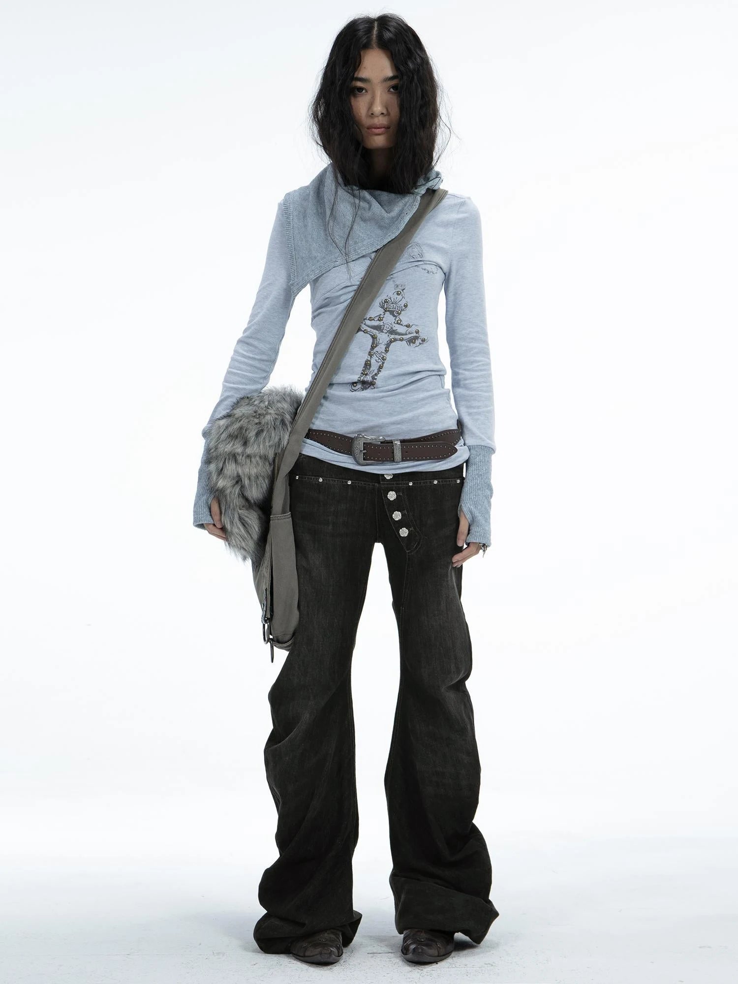 Stacked Flared Pants For Women Black Grey Denim Stretch Jeans