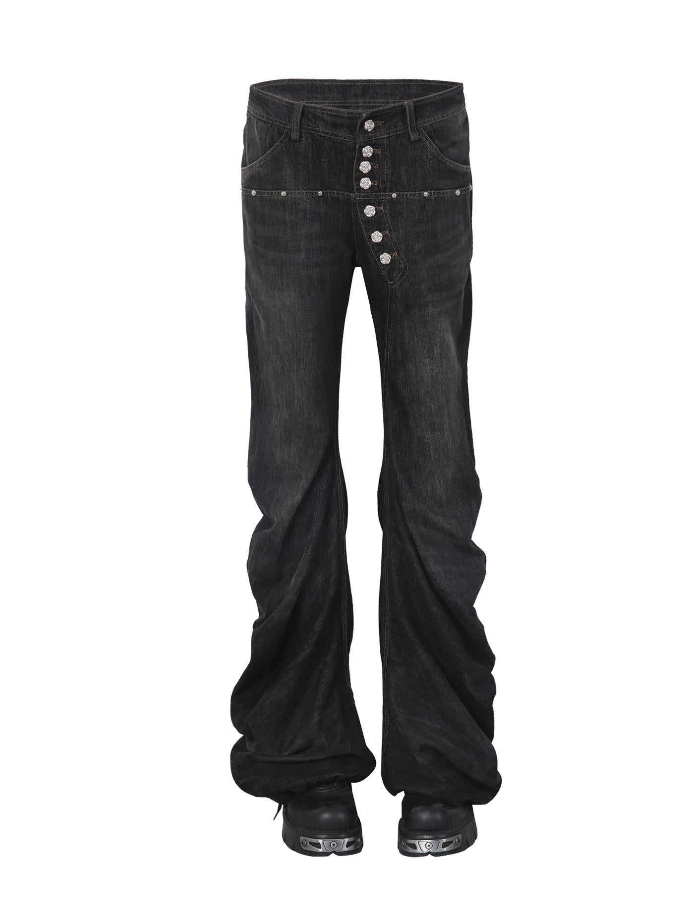 Stacked Flared Pants for Women Black Grey Denim Stretch Jeans
