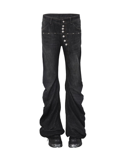 Stacked Flared Pants for Women Black Grey Denim Stretch Jeans