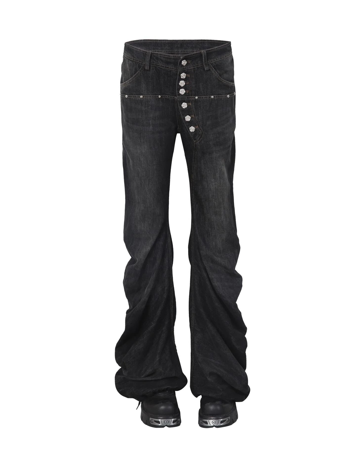 Stacked Flared Pants For Women Black Grey Denim Stretch Jeans
