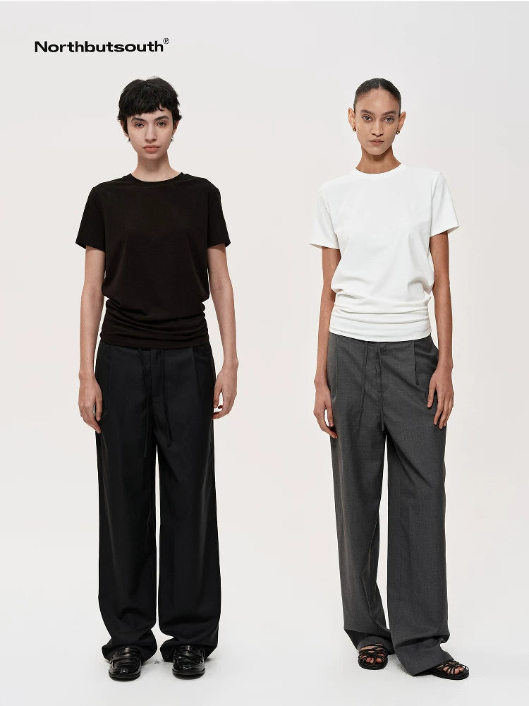Stacked Pleat Hem Round Neck T-shirt
