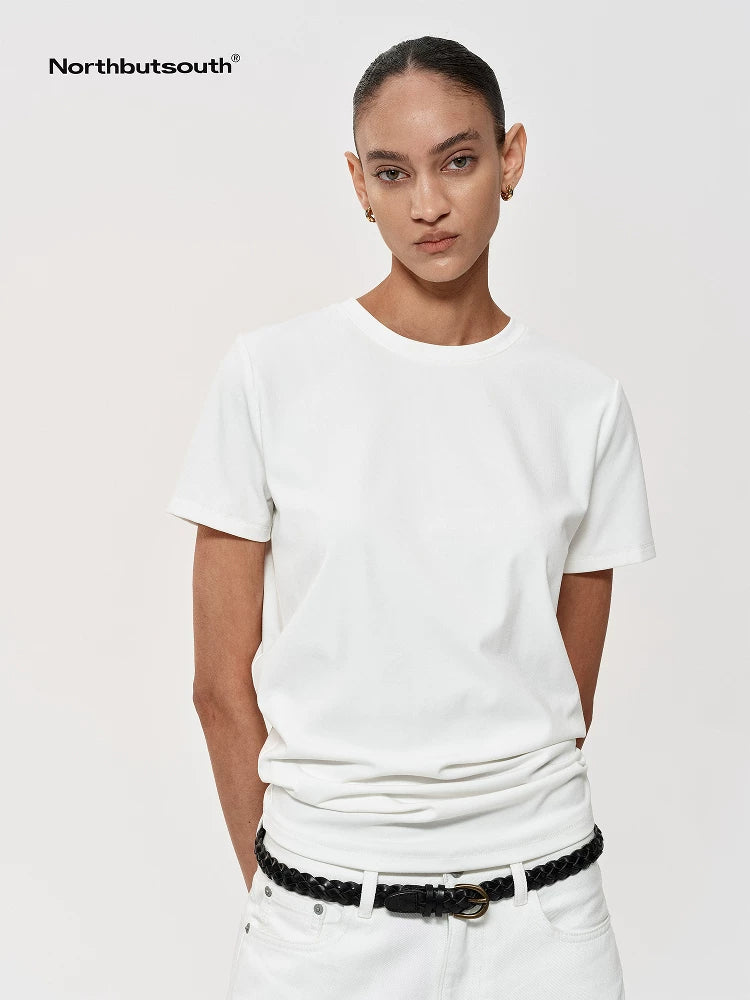 Stacked Pleat Hem Round Neck T-shirt