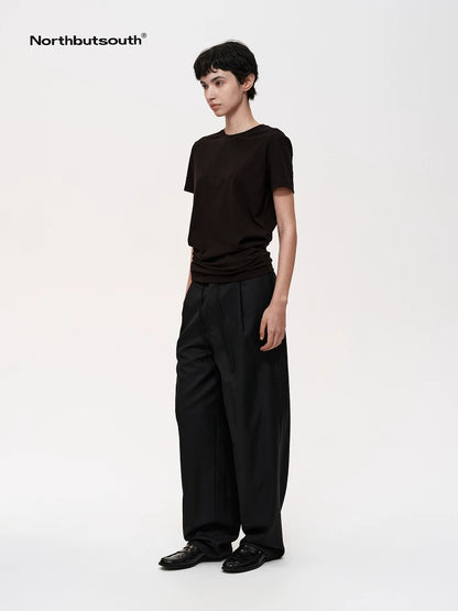Stacked Pleat Hem Round Neck T-shirt