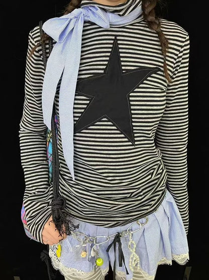 Star Striped Stretchy Knit Long Sleeve T-Shirt