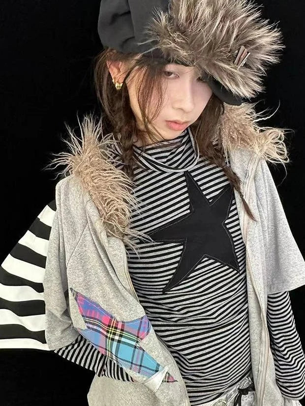 Star Striped Stretchy Knit Long Sleeve T-Shirt