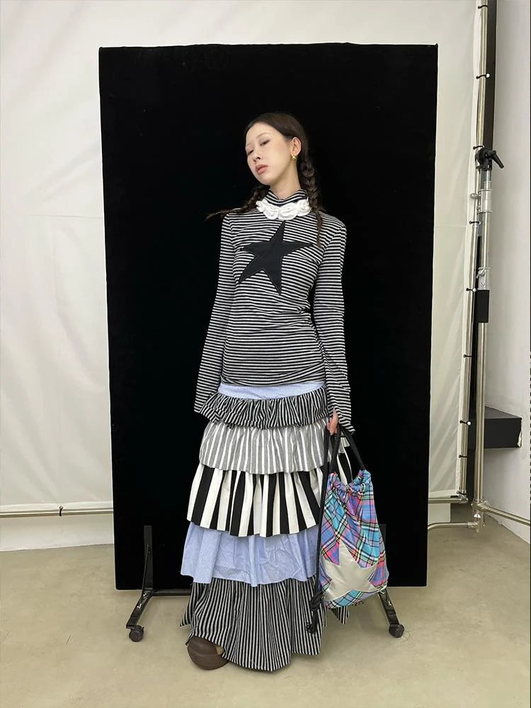 Star Striped Stretchy Knit Long Sleeve T-Shirt