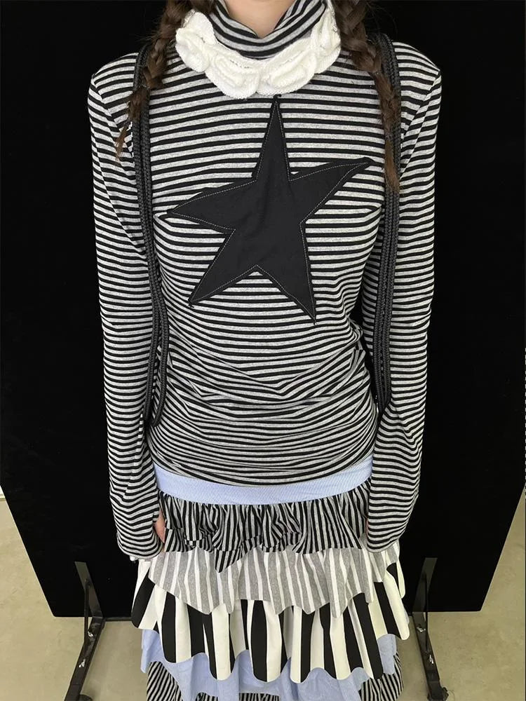 Star Striped Stretchy Knit Long Sleeve T-Shirt
