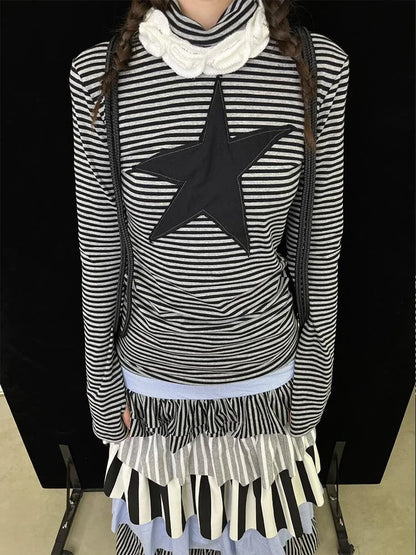 Star Striped Stretchy Knit Long Sleeve T-Shirt