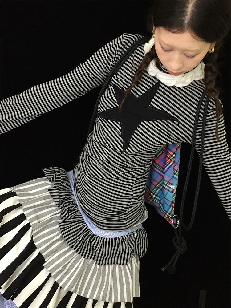 Star Striped Stretchy Knit Long Sleeve T-Shirt