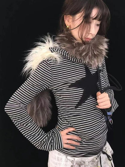 Star Striped Stretchy Knit Long Sleeve T-Shirt