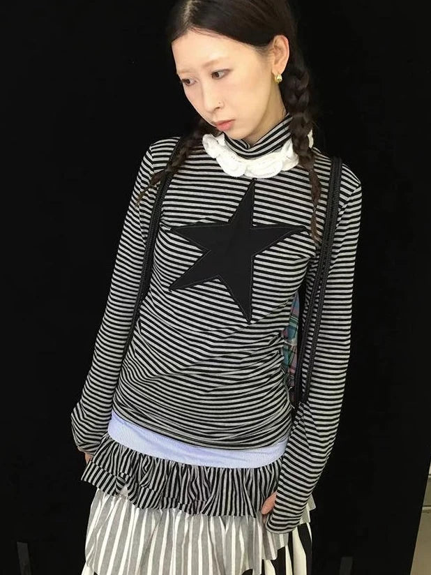 Star Striped Stretchy Knit Long Sleeve T-Shirt