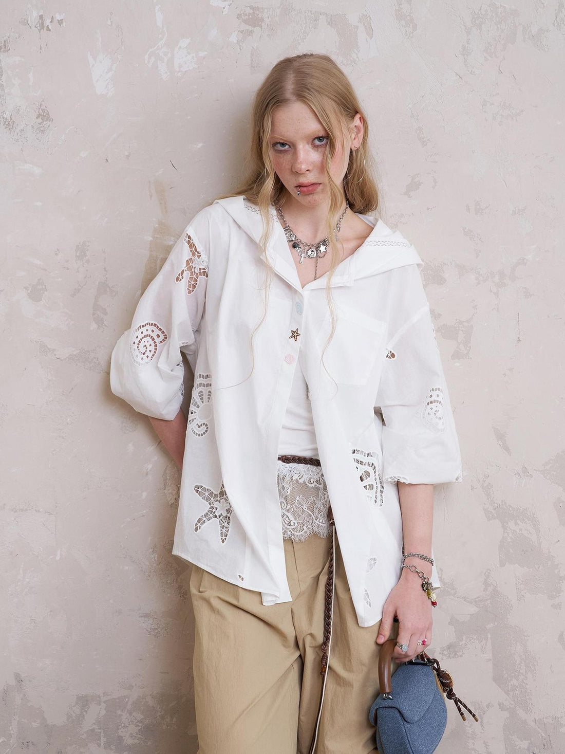 DIDDI MODA Starfish Shell Embroidered Loose Hooded Shirt Summer