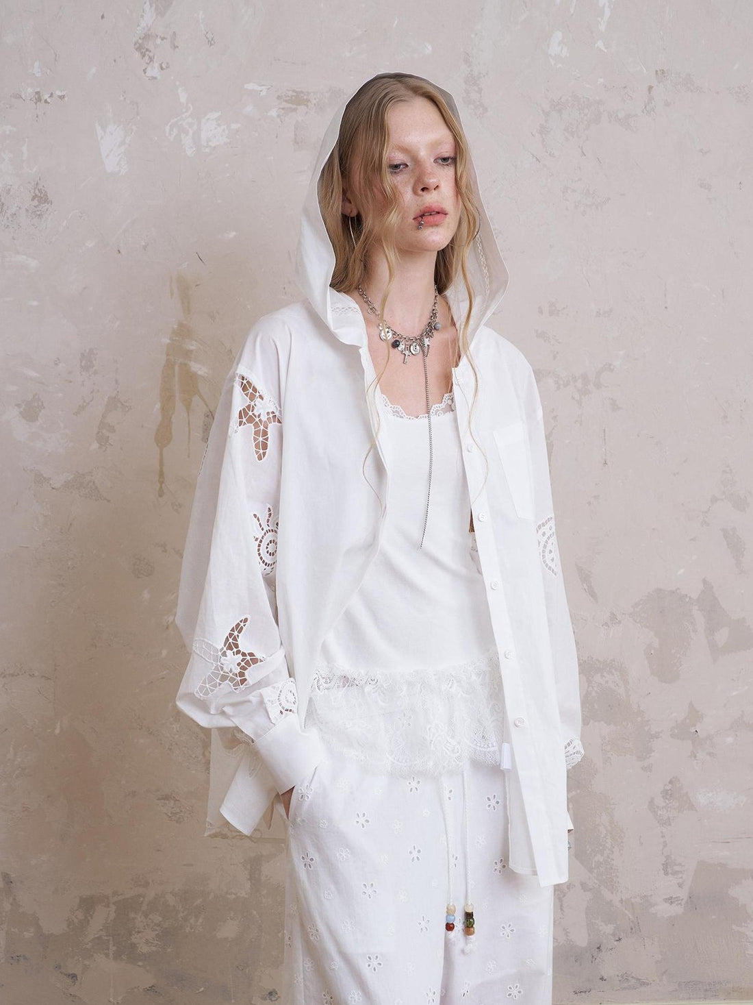 DIDDI MODA Starfish Shell Embroidered Loose Hooded Shirt Summer
