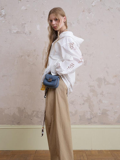 DIDDI MODA Starfish Shell Embroidered Loose Hooded Shirt Summer