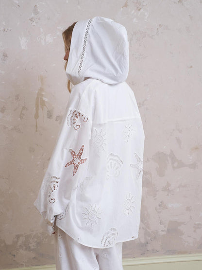 DIDDI MODA Starfish Shell Embroidered Loose Hooded Shirt Summer