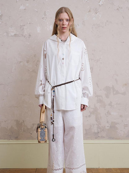 DIDDI MODA Starfish Shell Embroidered Loose Hooded Shirt Summer